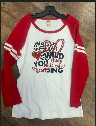 Wild Thing Make My Heart Sing Tee – Red Raglan – Youth Medium (One of One)