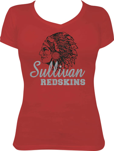 Sullivan Redskins Head Glitter Ladies Vneck